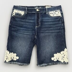 Jordache Girls Size 18 Bermuda Shorts Dark Wash Raw Hem Embroidered Flowers 30x8